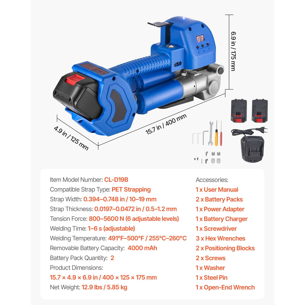 Electric Strapping Machine, 2 x 4000mAh Batteries, Automatic Strapping Tool with Digital Display for 0.394-0.748 inches Wide PET Straps, Handheld Banding Tools for Packaging Box Pallet