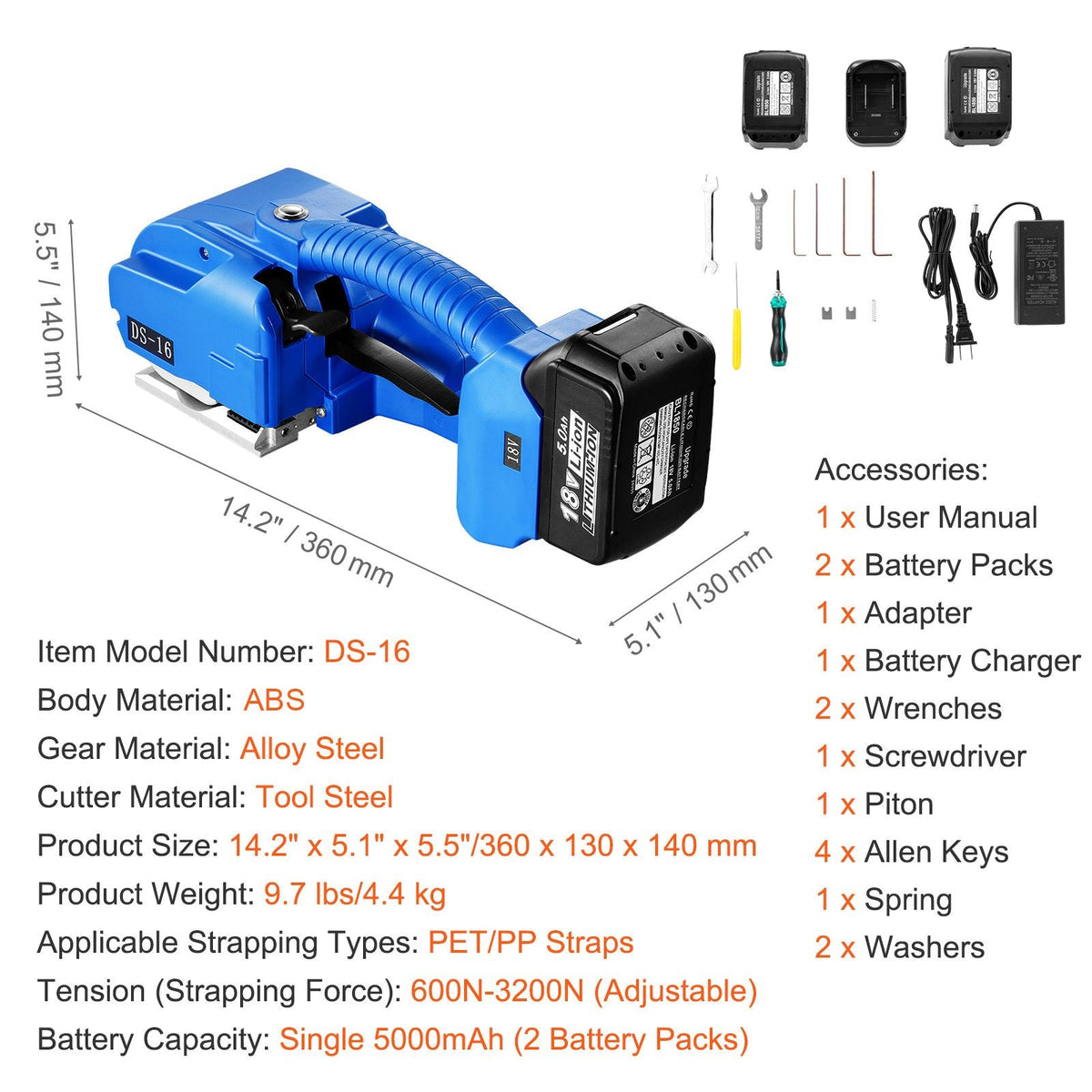 Electric Strapping Machine, for 0.35"-0.63" PP PET Straps, Portable Electric Banding Tool with Digital Display, 2 x 5000mAh Battery Powered Automatic Strapping Tool for Packaging Box Pallet