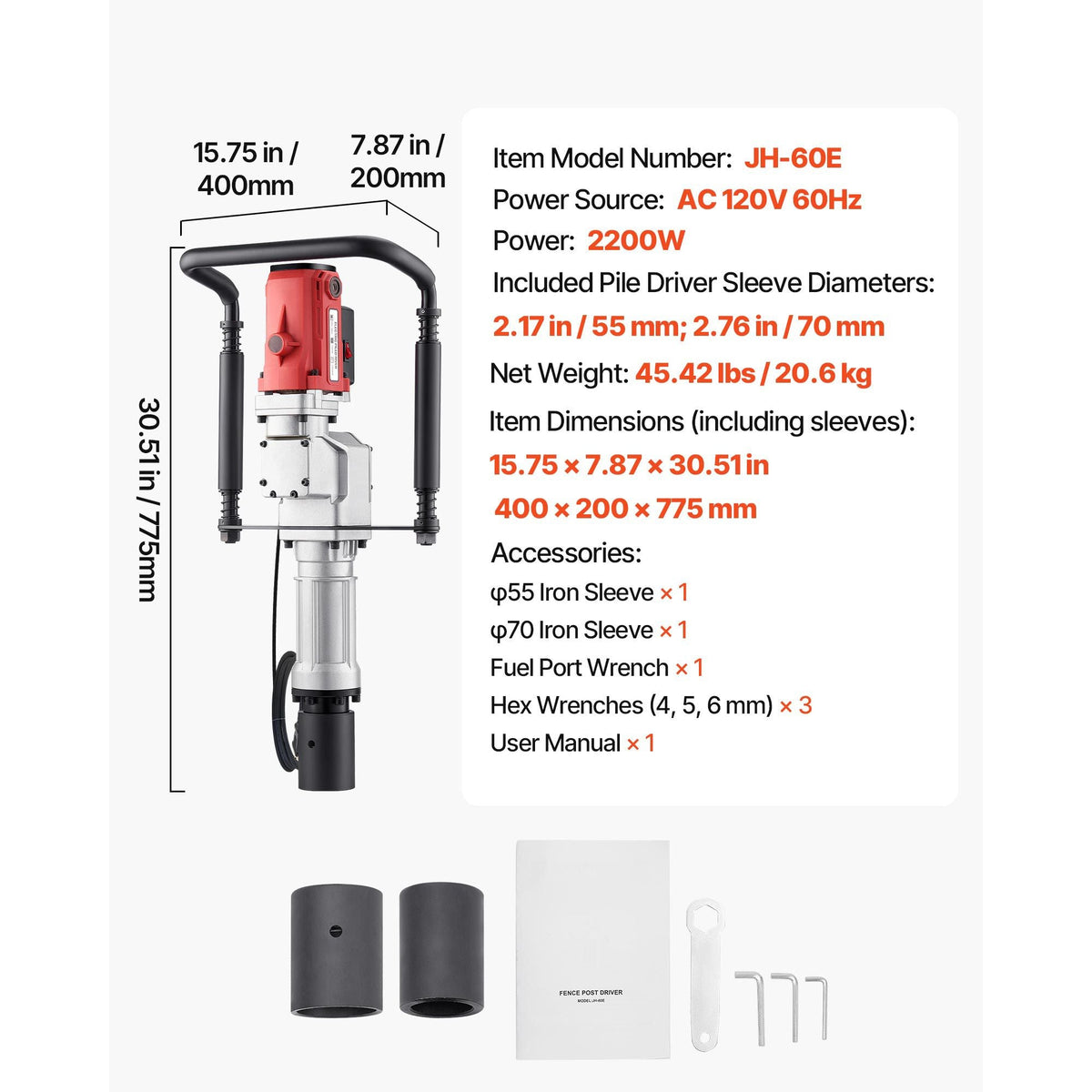 Electric T Post Driver, 2200W Handheld Post Pounder with 2.17 in/55mm, 2.76 in/70mm Sleeves, Powerful Pile Driver for Fence,Metal Fencing, Farm, Garden, Construction, Landscaping Projects