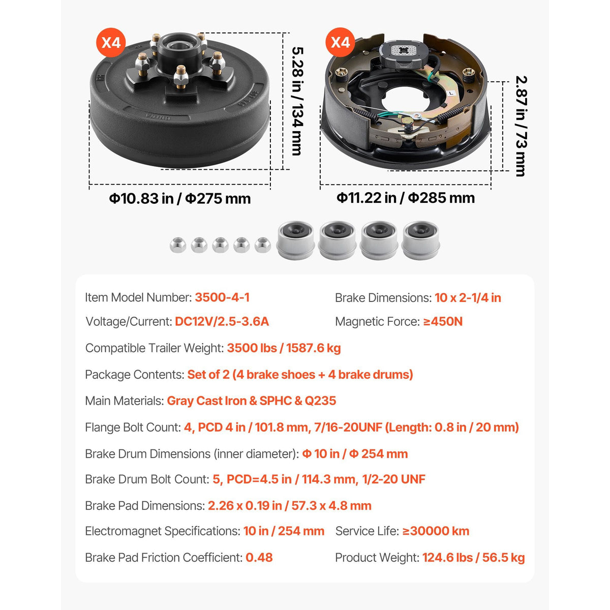Electric Trailer Brake Assembly, 10 x 2-1/4 Inch, 2 Pairs Self-Adjusting Electric Brakes Kit for 3500 lbs Trailer Axle, Backing Plates for Braking System Part Replacement, Fit for Trailers, RVs
