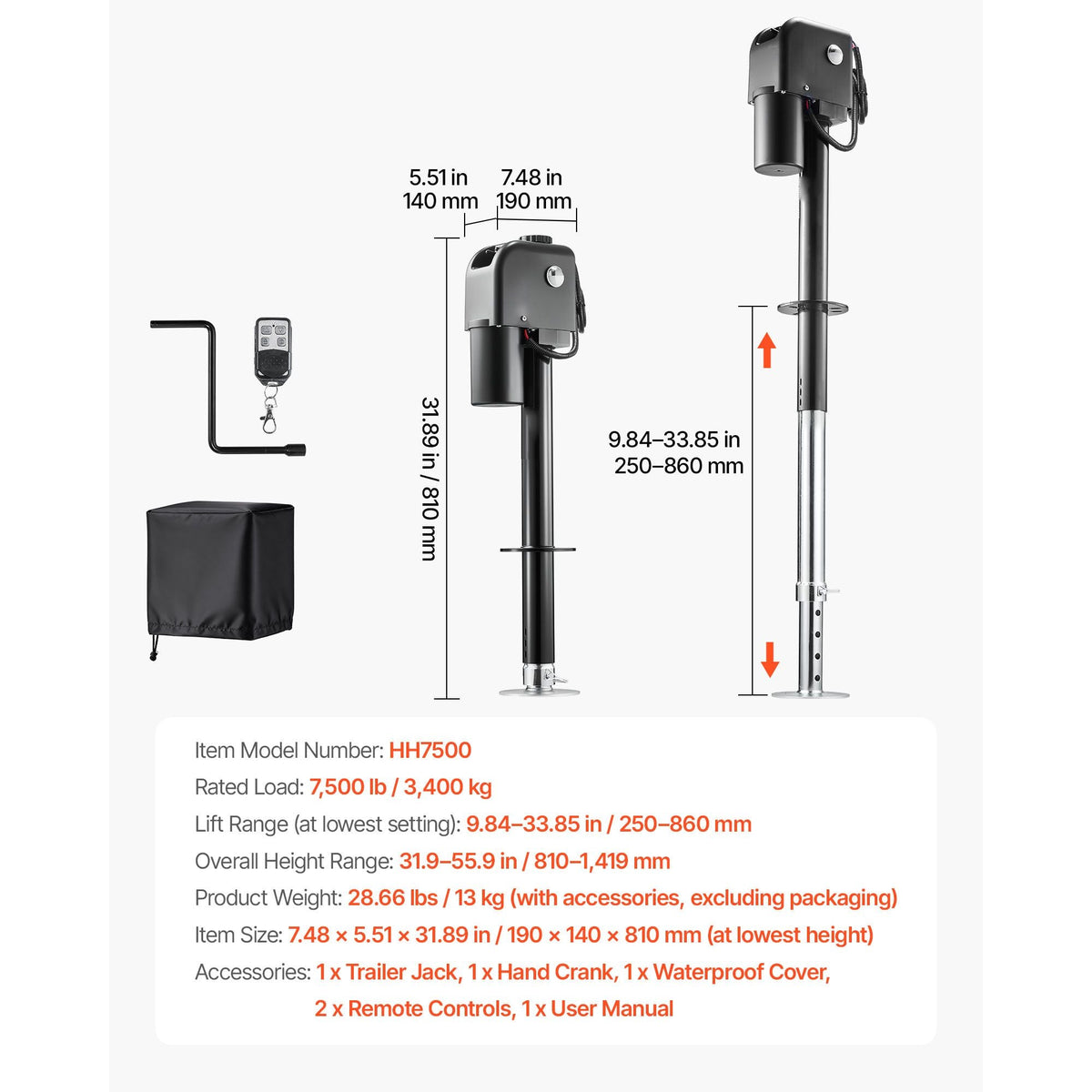 Electric Trailer Jack, 7500 lbs Capacity, Electric Power Tongue Jack with Waterproof Protective Cover & LED Light for Travel Trailer, Camper, RV, 9.84-27.84 in Lift, 12V DC with Wiring, Black