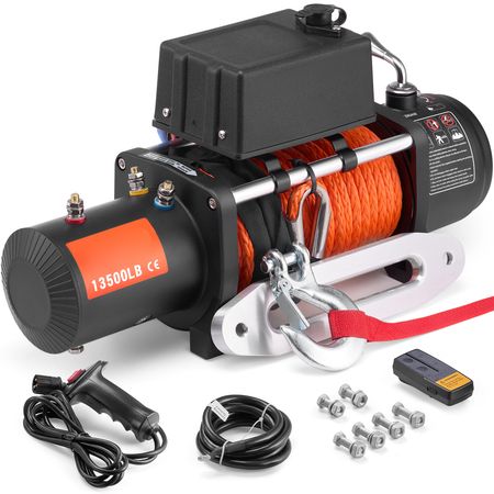 Electric Winch, 13500 lbs Load Capacity, 12V DC Truck Winch with Φ3/8 in x 80 ft Synthetic Rope, Wireless & Wired Remote Control, Suitable for Towing Off-Road SUV Jeep Trailer Boat
