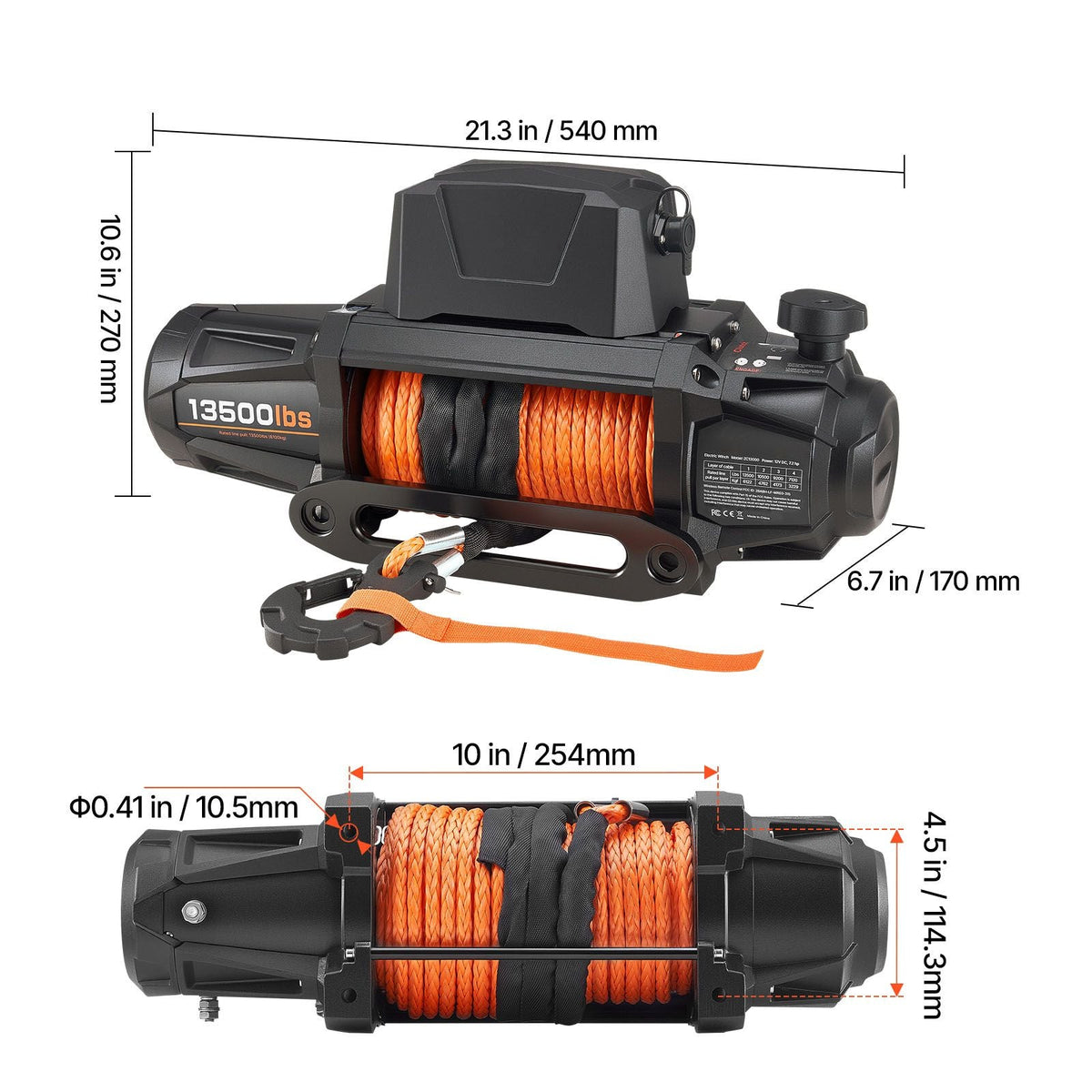 Electric Winch, 13500 lbs Load Capacity, 12V DC Truck Winch with Φ3/8 in x 92 ft Synthetic Rope, Wireless & Wired Remote Control, IP67 Waterproof for Towing Off-Road SUV Jeep Trailer Boat