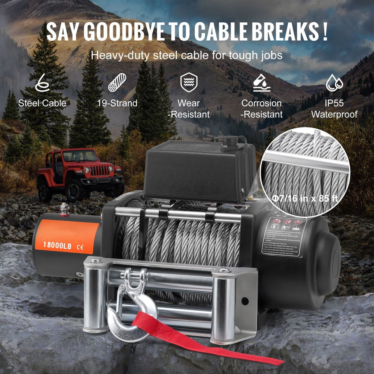 Electric Winch, 18,000 lb, 12V DC Truck Winch with Φ7/16 in x 85 ft Steel Cable Roller Fairlead Wireless & Wired Remote Control, IP55 Waterproof for Towing Off-Road SUV Jeep Truck Trailer Boat