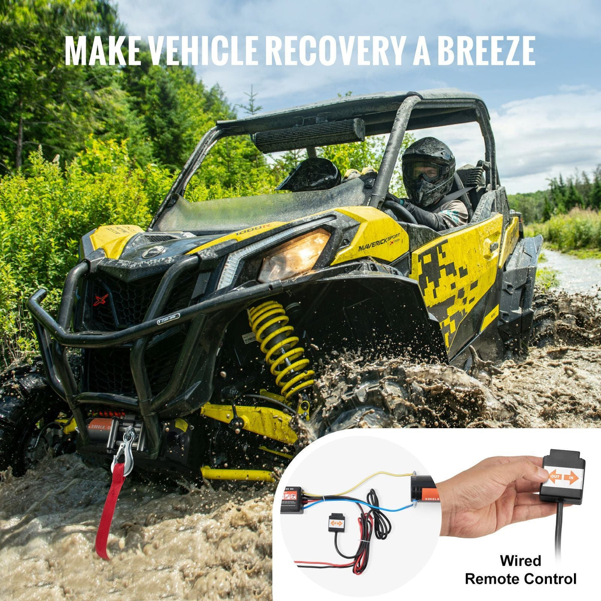 Electric Winch, 3000 lb Line Pull Capacity, 12V DC ATV/UTV Winch with Φ3/16 in x 39 ft 7 Strands Steel Cable Roller Fairlead Wired Remote Control, IP55 Waterproof for Towing UTV ATV Off-Road