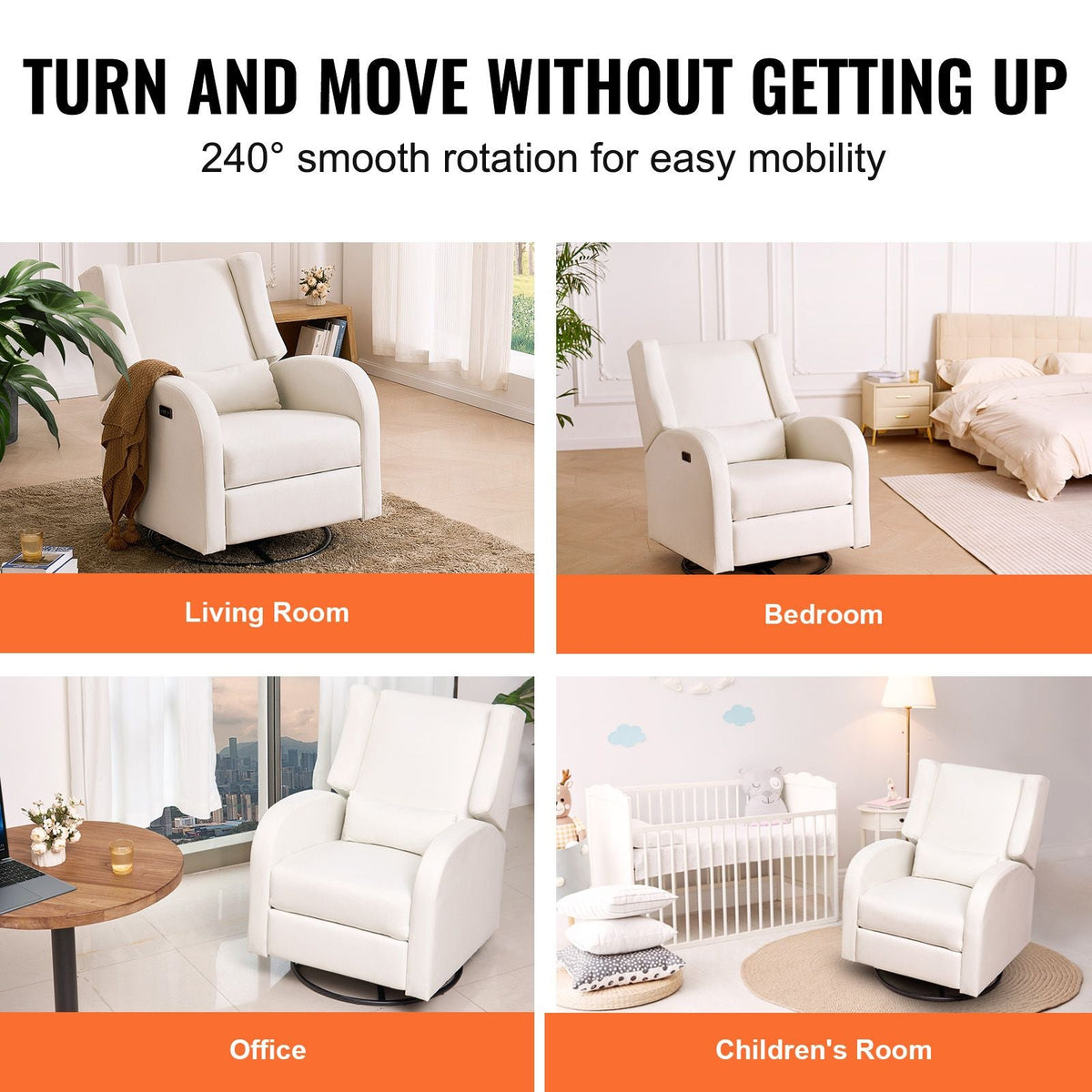 Electronic Power Recliner and Swivel Glider, 250 lbs Weight Capacity Swivel Glider Recliner Chair with USB Port, Polyester Surface Swivel Rocker Recliner for Living Room, Bedroom, Off White