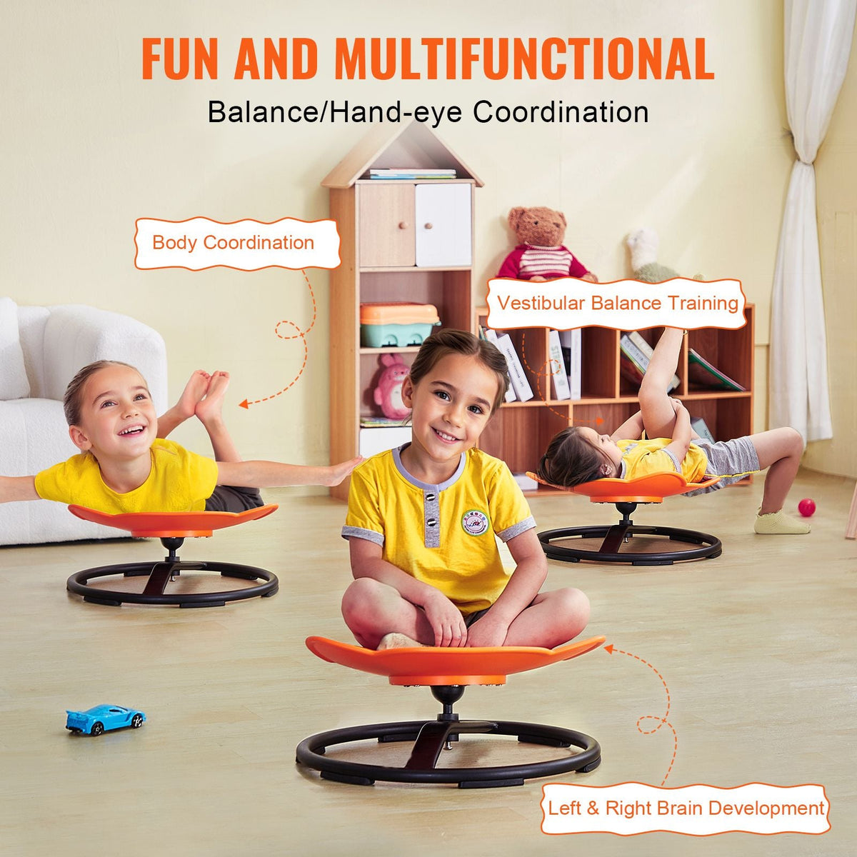 Elephant Kids Swivel Chair, 220 LBS Capacity, 360° Spinning Chair, Autistic Kids Sensory Toy Chair with Non-Slip Metal Base, Toddler Sit and Spin Chair for Coordination Balance Focus Orange