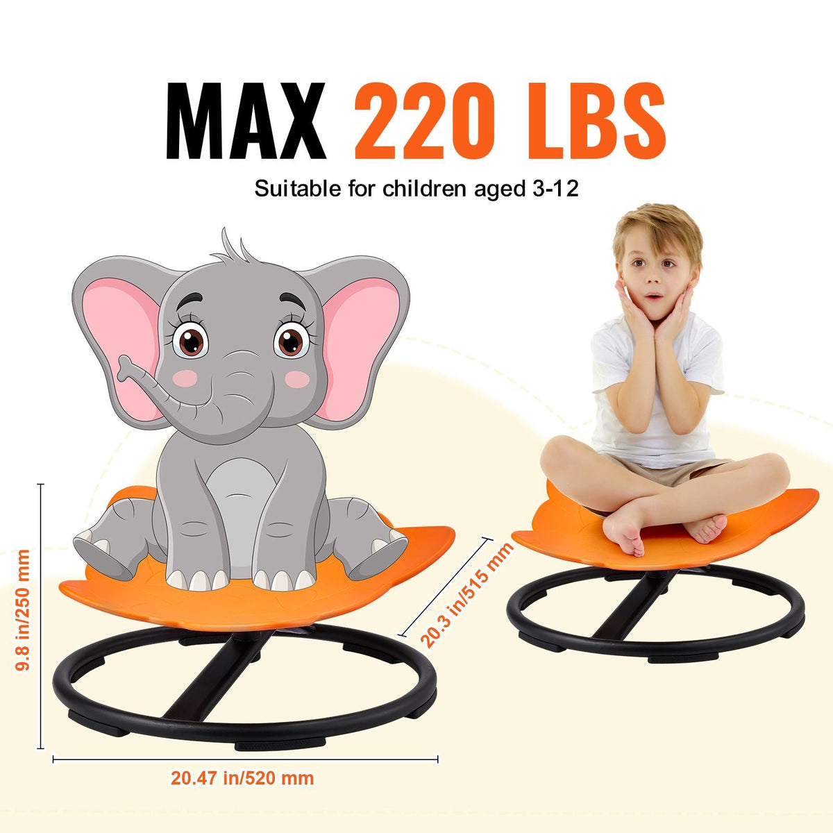 Elephant Kids Swivel Chair, 220 LBS Capacity, 360° Spinning Chair, Autistic Kids Sensory Toy Chair with Non-Slip Metal Base, Toddler Sit and Spin Chair for Coordination Balance Focus Orange