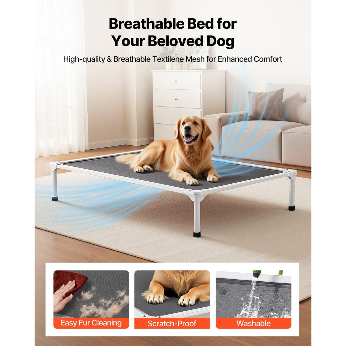 Elevated Dog Bed for Large Dogs, Portable Raised Dog Cot with Aluminum Tube Metal Frame and Breathable Textilene Mesh, Indoor & Outdoor Pet Cooling Raised Hammock Bed, XL, Gray
