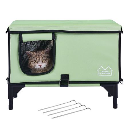 Elevated Heated Cat House, Cuboid Kitty Shelter with Adjustable Temperature and Timer, 900D Oxford Cloth Foldable Cat Shelter with Heated Pad for Winter to Stay Warm and Cozy, Green (Large)