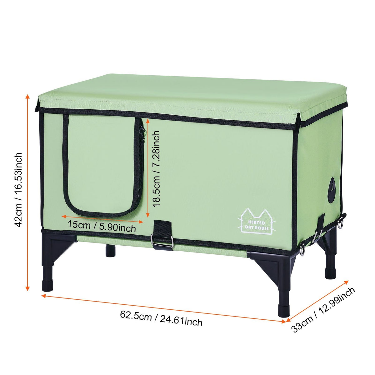 Elevated Heated Cat House, Cuboid Kitty Shelter with Adjustable Temperature and Timer, 900D Oxford Cloth Foldable Cat Shelter with Heated Pad for Winter to Stay Warm and Cozy, Green (Large)