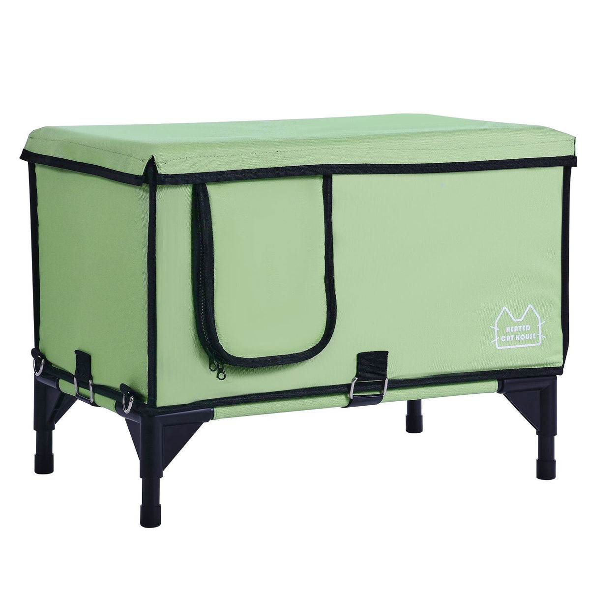 Elevated Heated Cat House, Cuboid Kitty Shelter with Adjustable Temperature and Timer, 900D Oxford Cloth Foldable Cat Shelter with Heated Pad for Winter to Stay Warm and Cozy, Green (Large)