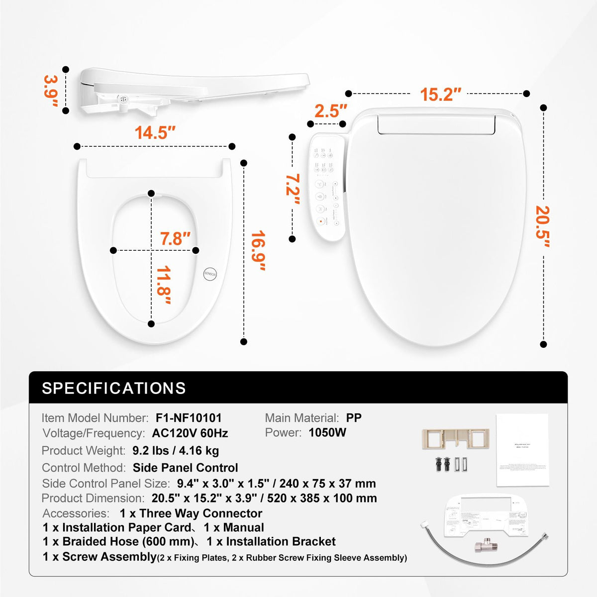 Elongated Bidet Toilet Seat Electric Smart Heated Seat Side Arm Control