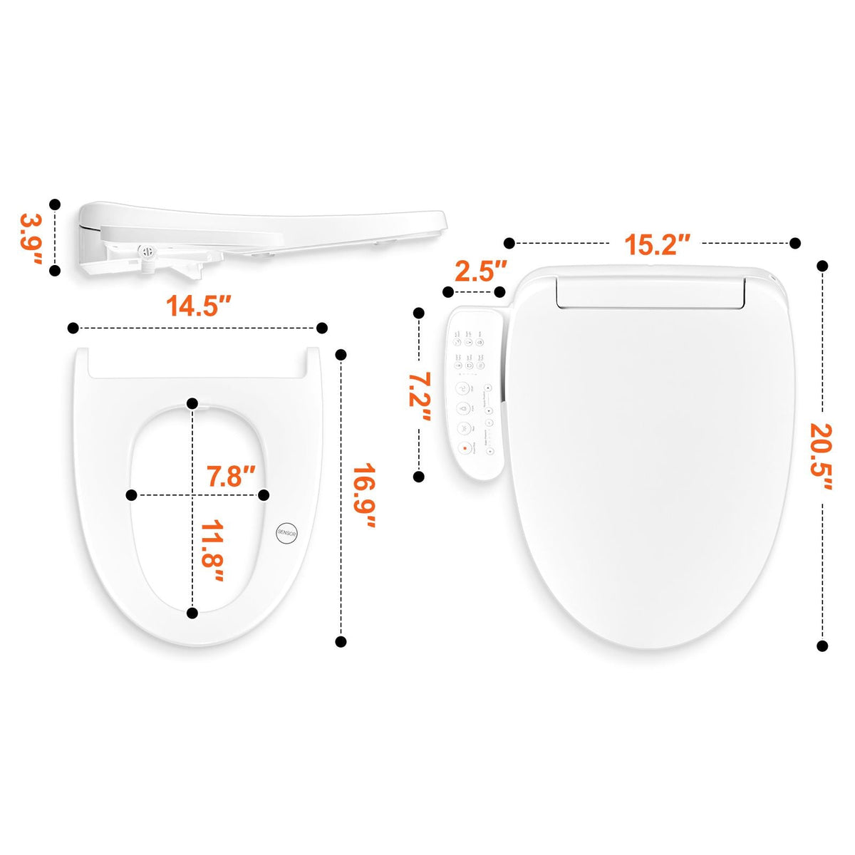 Elongated Bidet Toilet Seat Electric Smart Heated Seat Side Arm Control