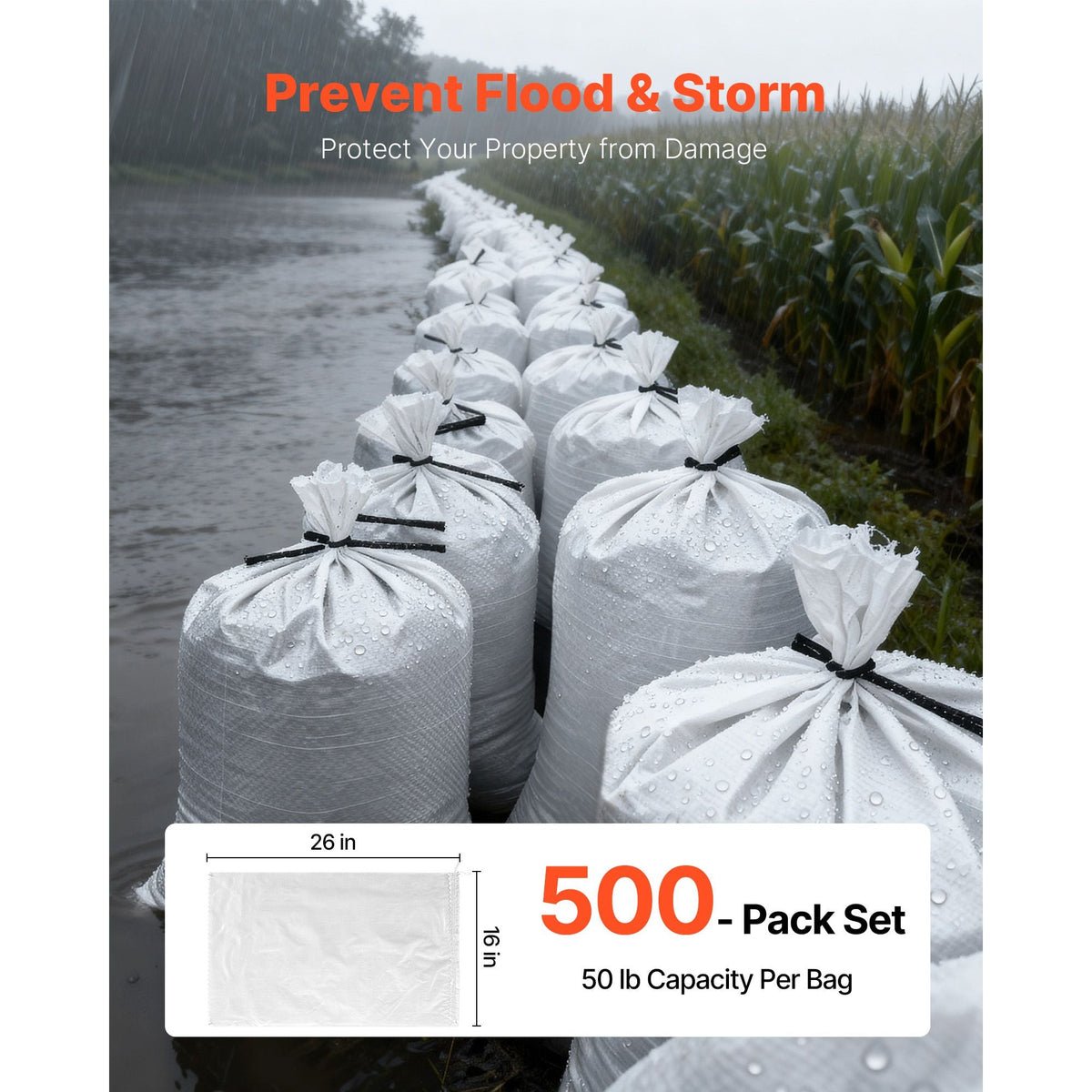 Empty Sandbags, 500 Packs 16 x 26 in, Heavy Duty Sand Bags Sacks with Ties, 50lb Capacity Woven Polypropylene Sandbags, Tear-Resistant & UV-Resistant Sand Bags for Flood Protection Barrier