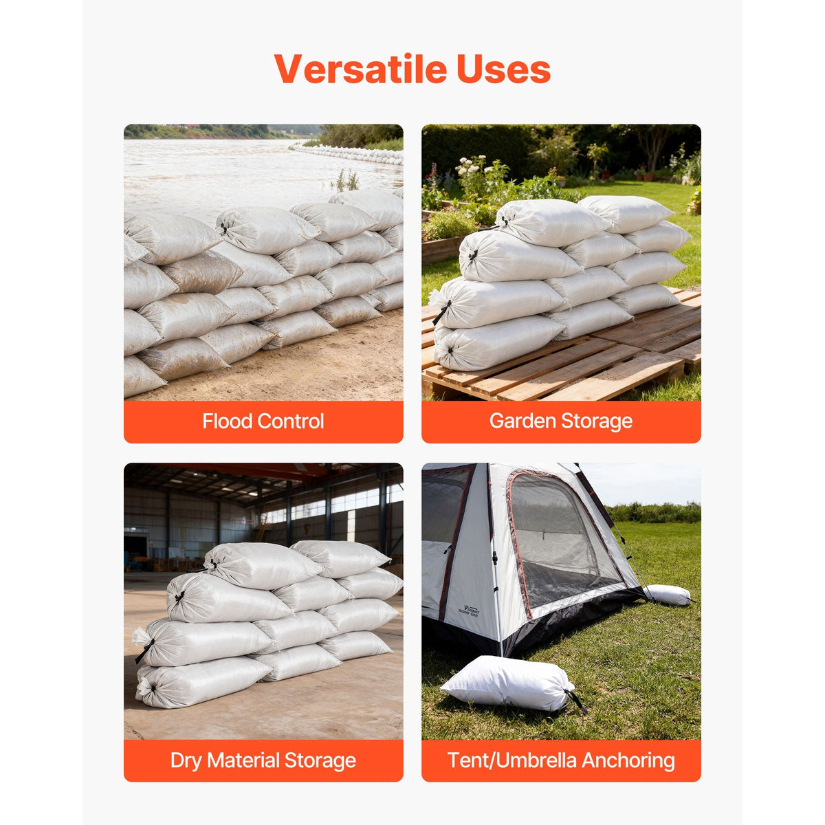 Empty Sandbags, 500 Packs 16 x 26 in, Heavy Duty Sand Bags Sacks with Ties, 50lb Capacity Woven Polypropylene Sandbags, Tear-Resistant & UV-Resistant Sand Bags for Flood Protection Barrier