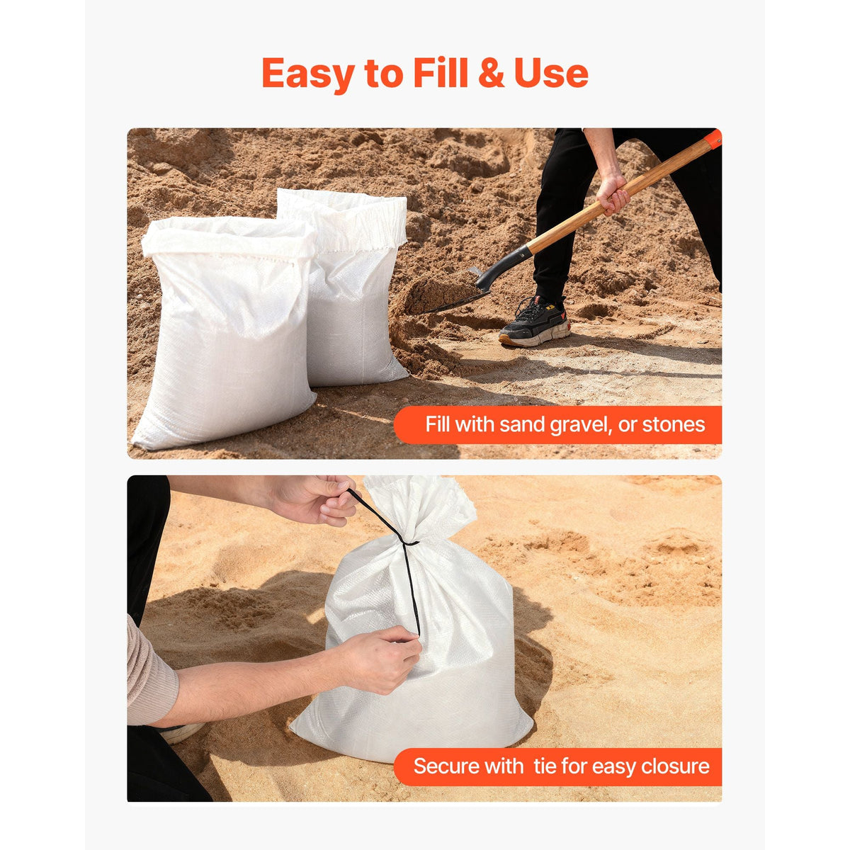 Empty Sandbags, 500 Packs 16 x 26 in, Heavy Duty Sand Bags Sacks with Ties, 50lb Capacity Woven Polypropylene Sandbags, Tear-Resistant & UV-Resistant Sand Bags for Flood Protection Barrier