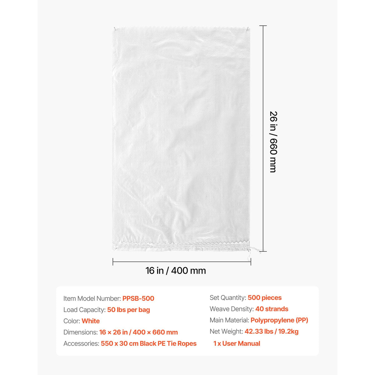 Empty Sandbags, 500 Packs 16 x 26 in, Heavy Duty Sand Bags Sacks with Ties, 50lb Capacity Woven Polypropylene Sandbags, Tear-Resistant & UV-Resistant Sand Bags for Flood Protection Barrier