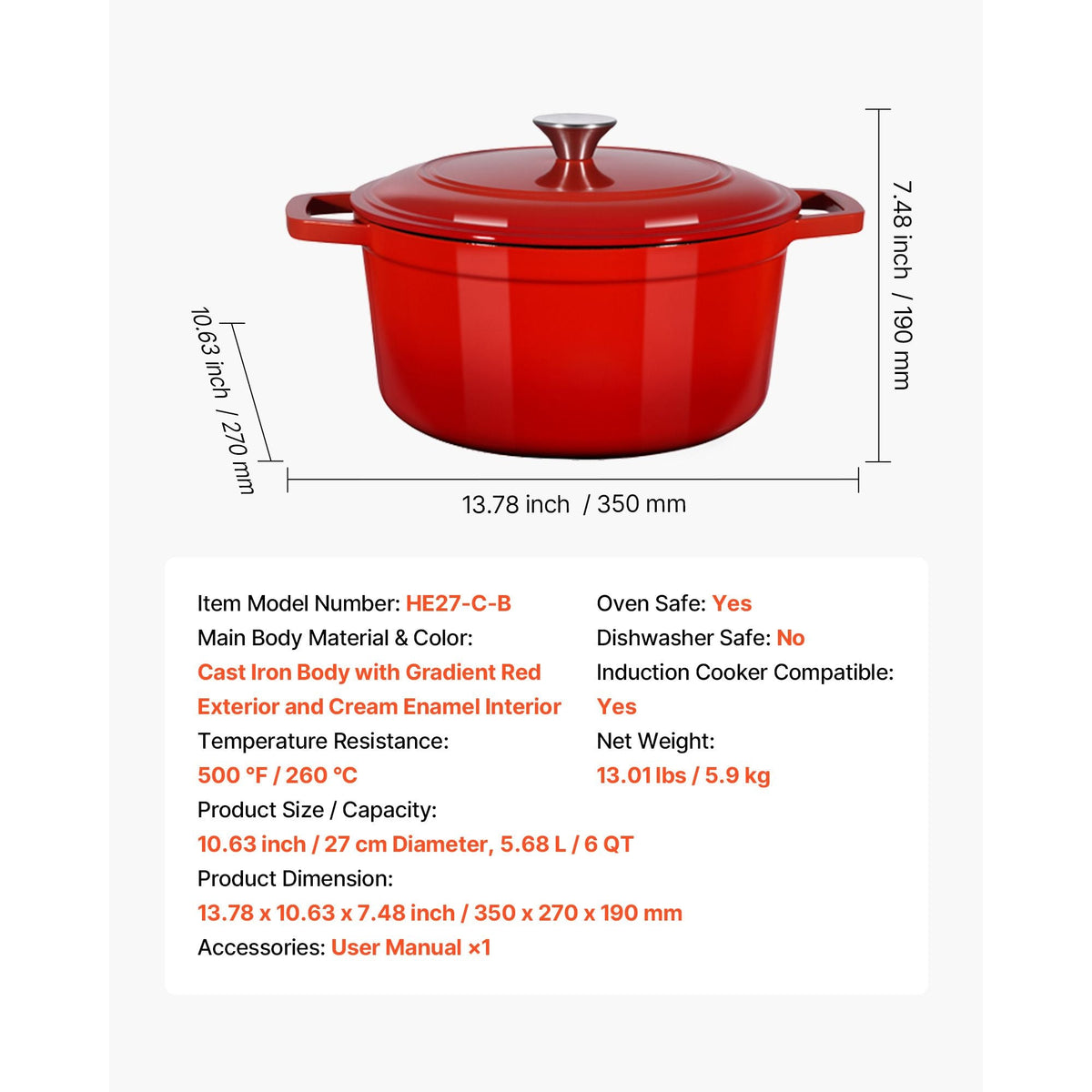 Enameled Cast Iron Dutch Oven, 6 Quart Pot with Lid and Dual Handles, Heavy-Duty Durable Cookware Pan, Oven Induction Compatible up to 500Fahrenheit, for Braising, Stews, Bread Baking, Red