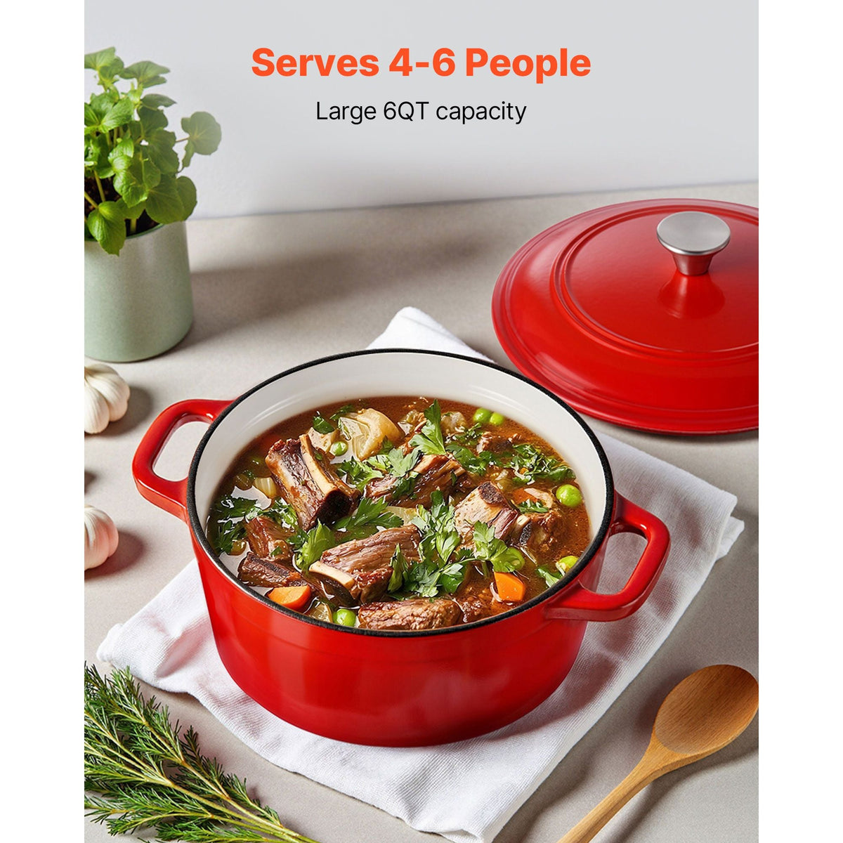 Enameled Cast Iron Dutch Oven, 6 Quart Pot with Lid and Dual Handles, Heavy-Duty Durable Cookware Pan, Oven Induction Compatible up to 500Fahrenheit, for Braising, Stews, Bread Baking, Red