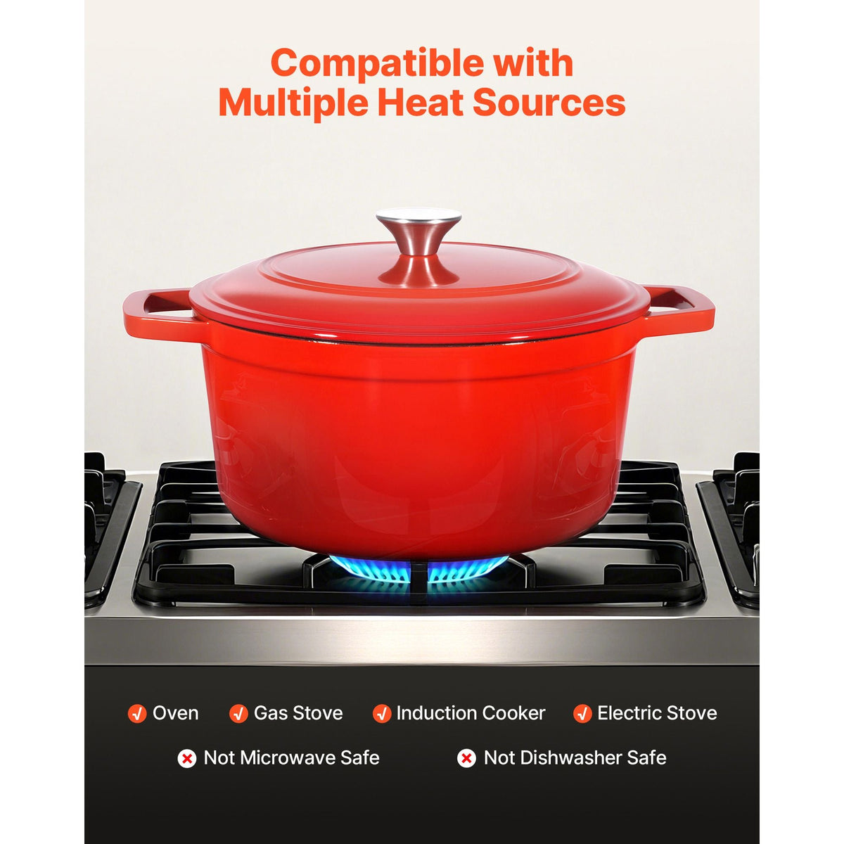 Enameled Cast Iron Dutch Oven, 6 Quart Pot with Lid and Dual Handles, Heavy-Duty Durable Cookware Pan, Oven Induction Compatible up to 500Fahrenheit, for Braising, Stews, Bread Baking, Red