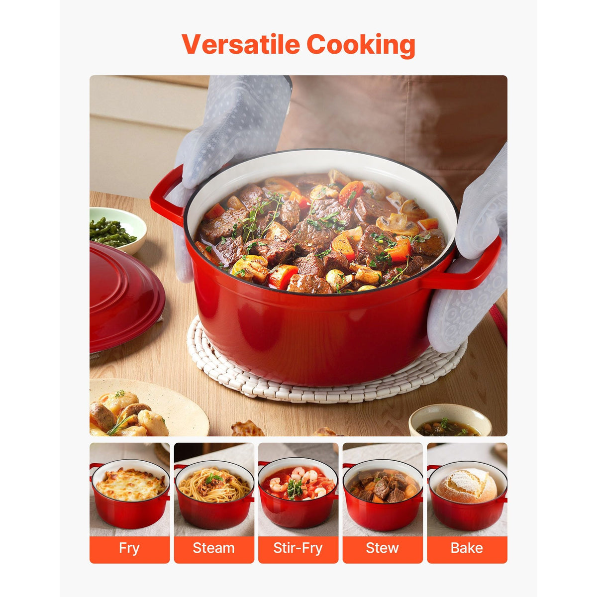 Enameled Cast Iron Dutch Oven, 6 Quart Pot with Lid and Dual Handles, Heavy-Duty Durable Cookware Pan, Oven Induction Compatible up to 500Fahrenheit, for Braising, Stews, Bread Baking, Red