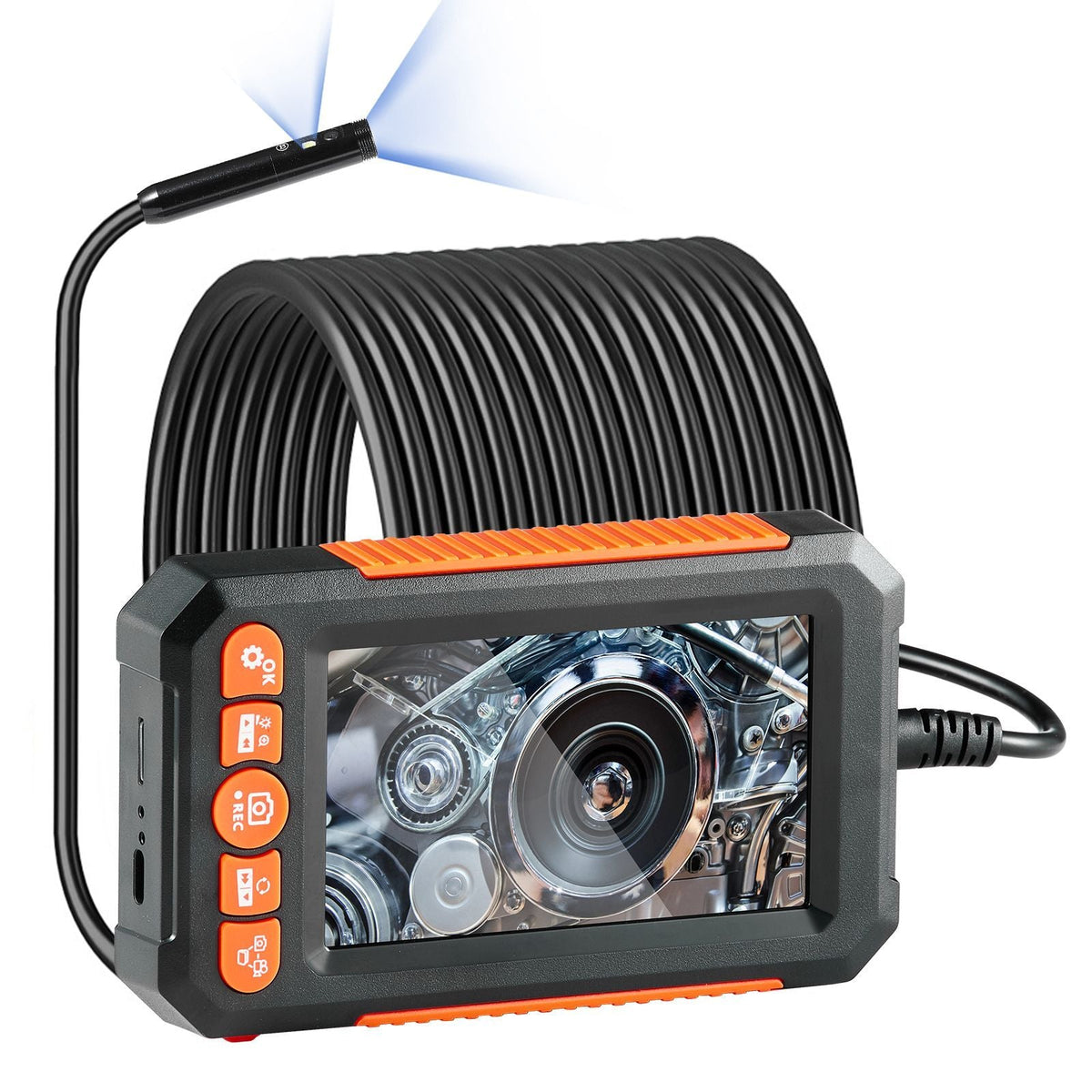 Endoscope Camera with Light, Dual Lens Borescope with 49.2FT Semi-Rigid Cable, 4.3" Screen 1080P Inspection Camera, 8 + 1 LED Lights, 4X Zoom, IP67 Waterproof Snake Camera for Auto, Plumbing