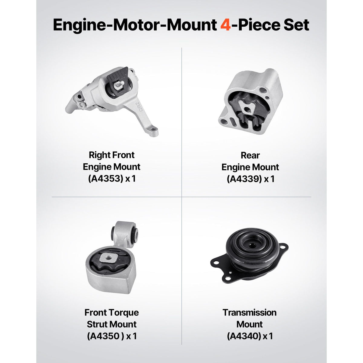 Engine and Transmission Motor Mount Kit Replacement, Set of 4, Compatible with 2007–2017 Nissan Altima 2.5L L4, Replace OE# A4350, A4353, A4340, A4339, Secure Support