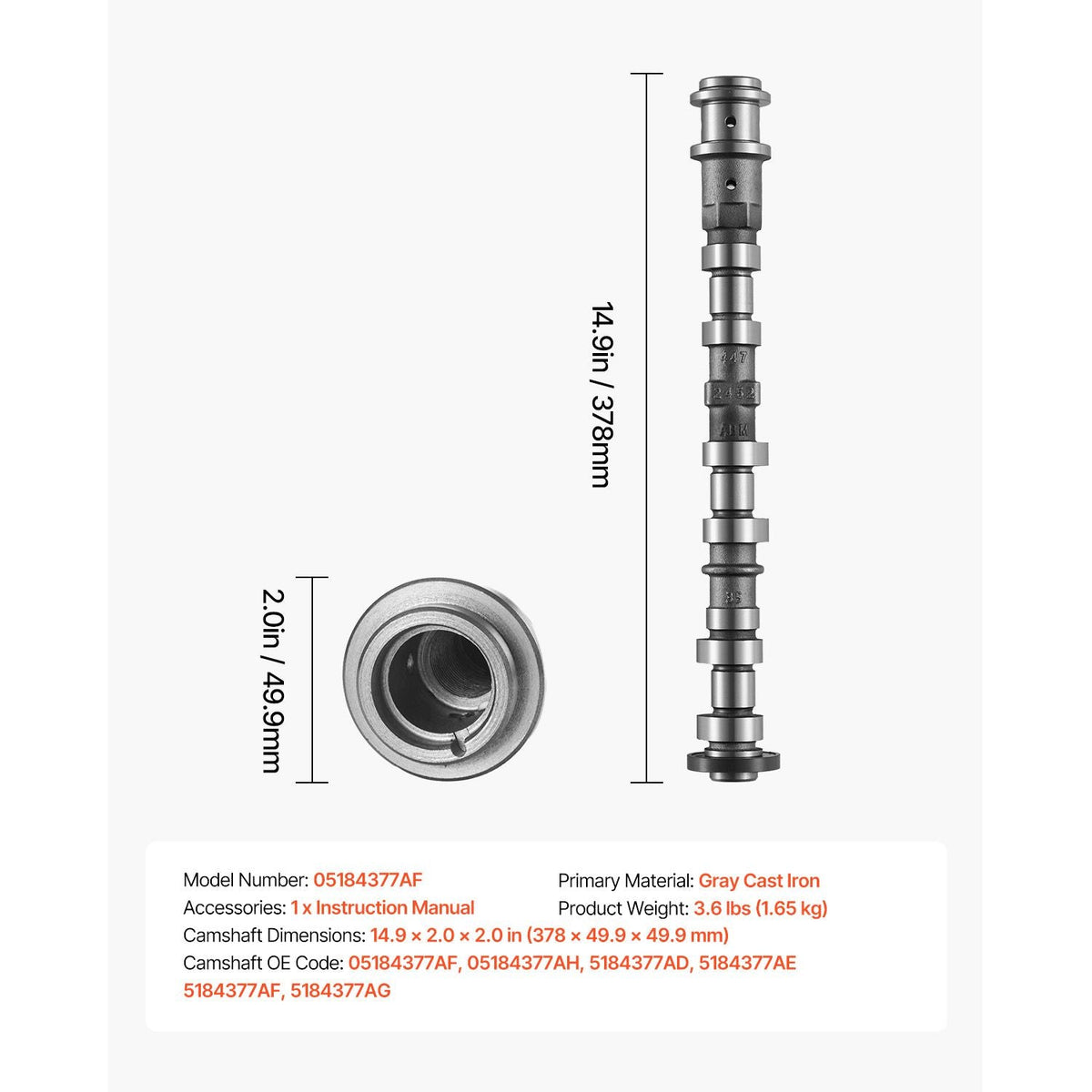 Engine Camshaft, 05184377AF 05184377AH 5184377AD 5184377AE 5184377AF 5184377AG Cam Replacement, Work with 2011-2015 Jeep Grand Cherokee, 2011-2019 Dodge Journey, 3.6L V6