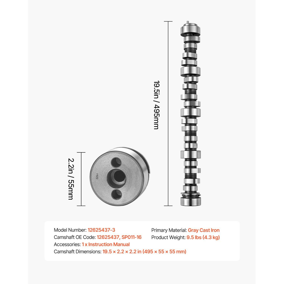 Engine Camshaft, 12625437 SP011-16 Cam Replacement, Compatible with Norris trucks from 1999-2013 GM Gen3/4, LS Truck Engine 4.8L, 5.3L, 6.0L, and 6.2L
