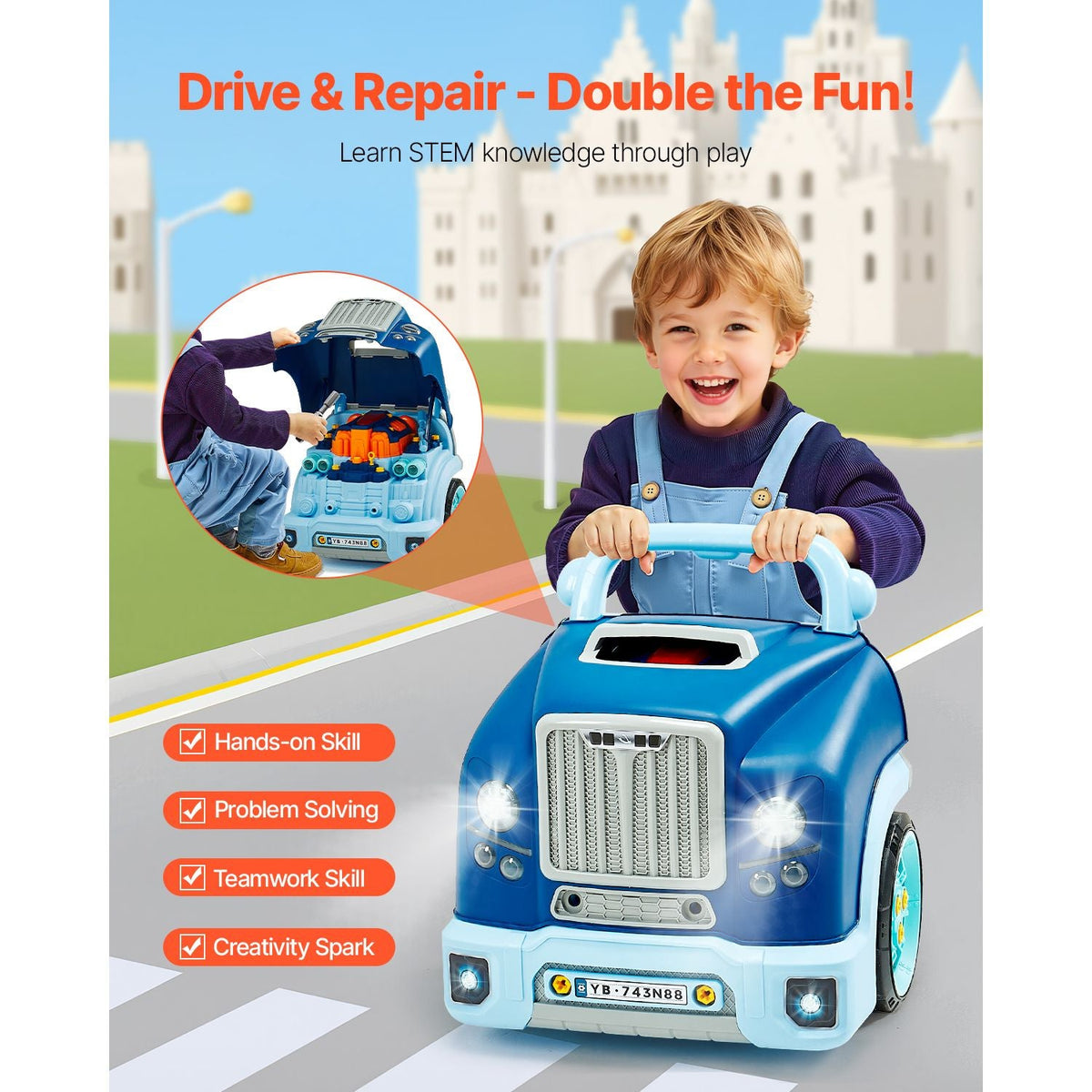 Engine Toy, 60 Pieces, Kids Mechanic Car Repair Set with Removable Parts, Lights and Sounds, Steering Wheel and Horn, Kids Mechanic Workshop Set for Toddler Ages 3 Years and Up, Blue