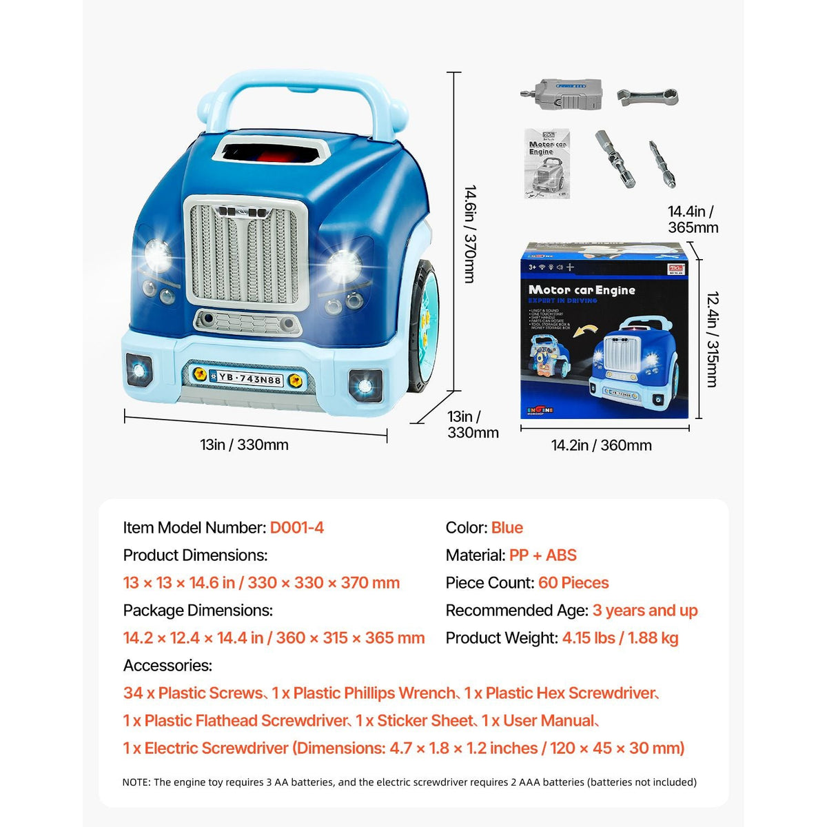 Engine Toy, 60 Pieces, Kids Mechanic Car Repair Set with Removable Parts, Lights and Sounds, Steering Wheel and Horn, Kids Mechanic Workshop Set for Toddler Ages 3 Years and Up, Blue
