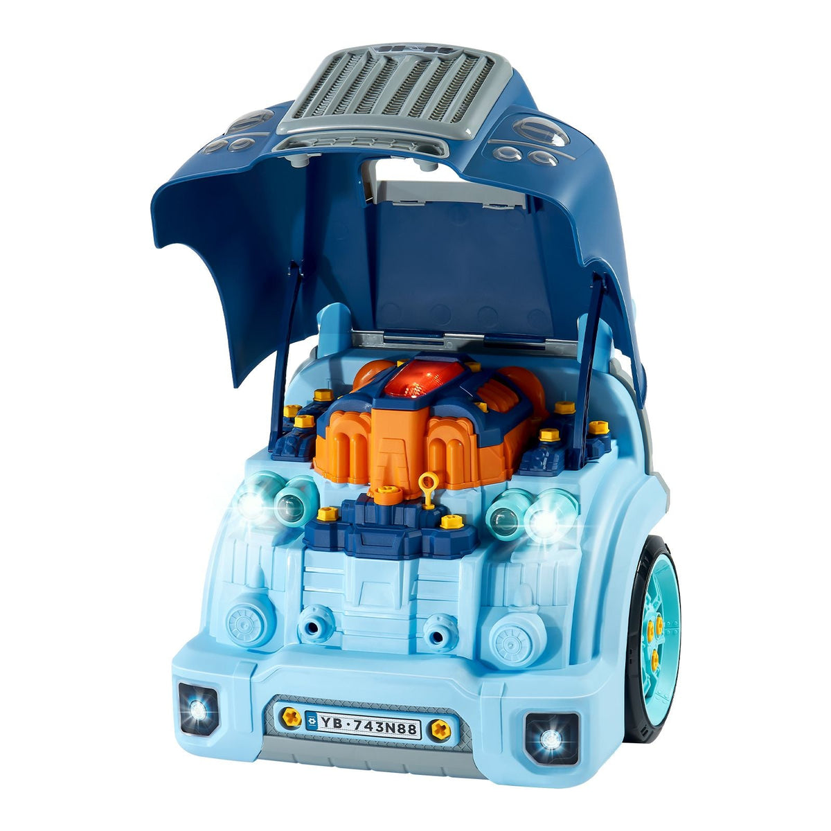 Engine Toy, 60 Pieces, Kids Mechanic Car Repair Set with Removable Parts, Lights and Sounds, Steering Wheel and Horn, Kids Mechanic Workshop Set for Toddler Ages 3 Years and Up, Blue