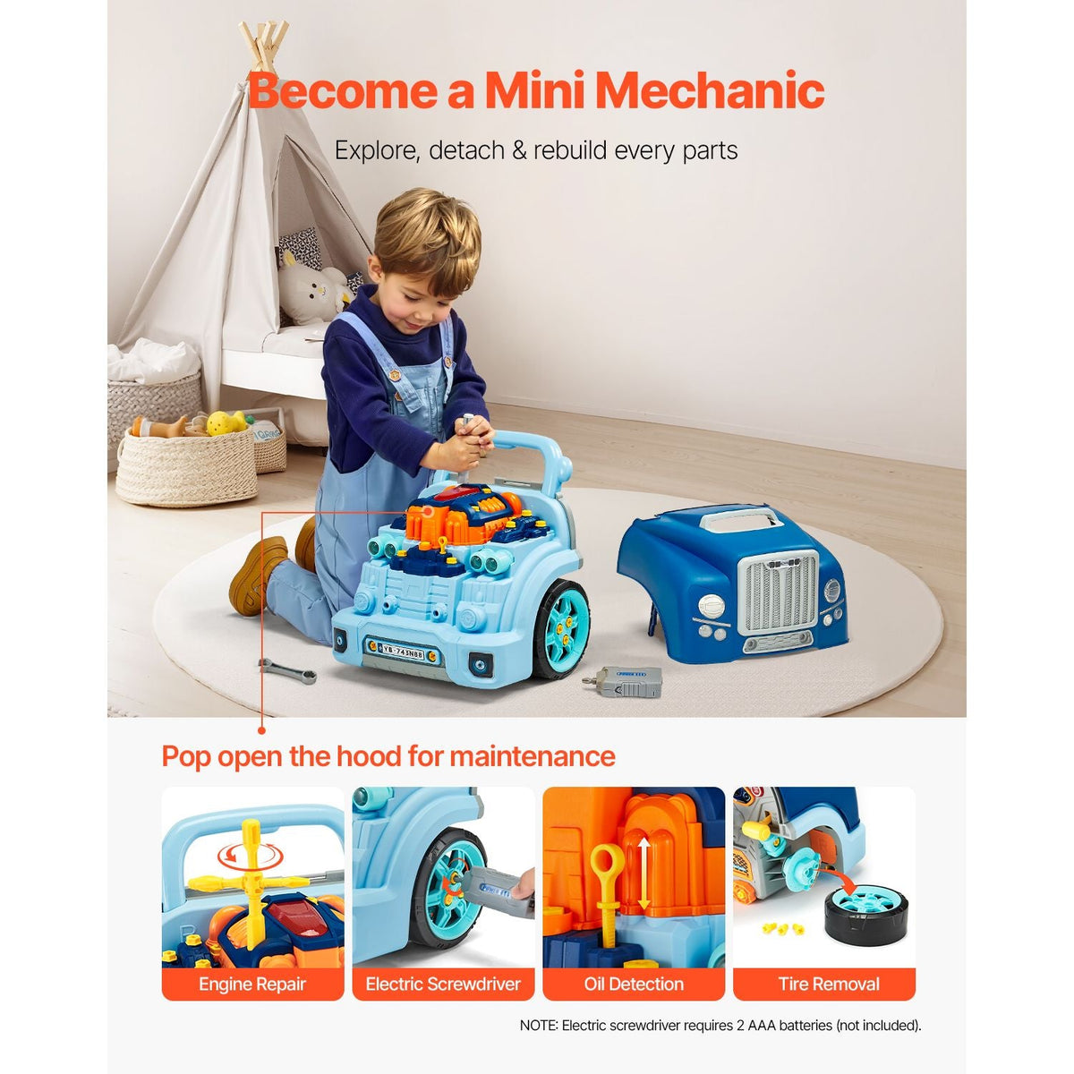Engine Toy, 60 Pieces, Kids Mechanic Car Repair Set with Removable Parts, Lights and Sounds, Steering Wheel and Horn, Kids Mechanic Workshop Set for Toddler Ages 3 Years and Up, Blue