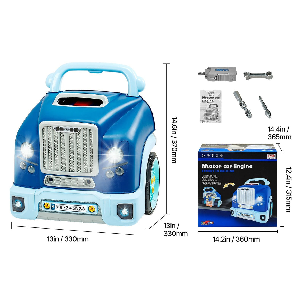 Engine Toy, 60 Pieces, Kids Mechanic Car Repair Set with Removable Parts, Lights and Sounds, Steering Wheel and Horn, Kids Mechanic Workshop Set for Toddler Ages 3 Years and Up, Blue