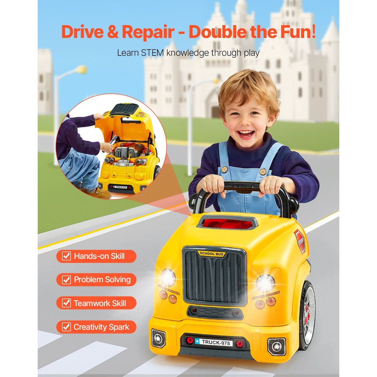 Engine Toy, 60 Pieces, Kids Mechanic Car Repair Set with Removable Parts, Lights and Sounds, Steering Wheel and Horn, Kids Mechanic Workshop Set for Toddler Ages 3 Years and Up, Yellow
