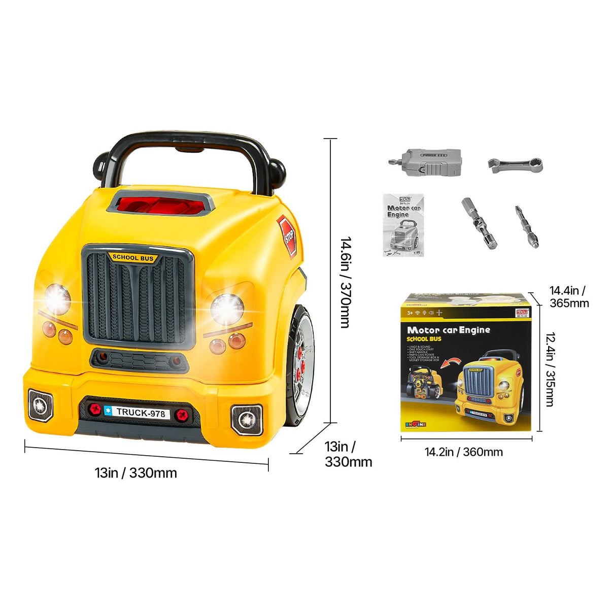 Engine Toy, 60 Pieces, Kids Mechanic Car Repair Set with Removable Parts, Lights and Sounds, Steering Wheel and Horn, Kids Mechanic Workshop Set for Toddler Ages 3 Years and Up, Yellow