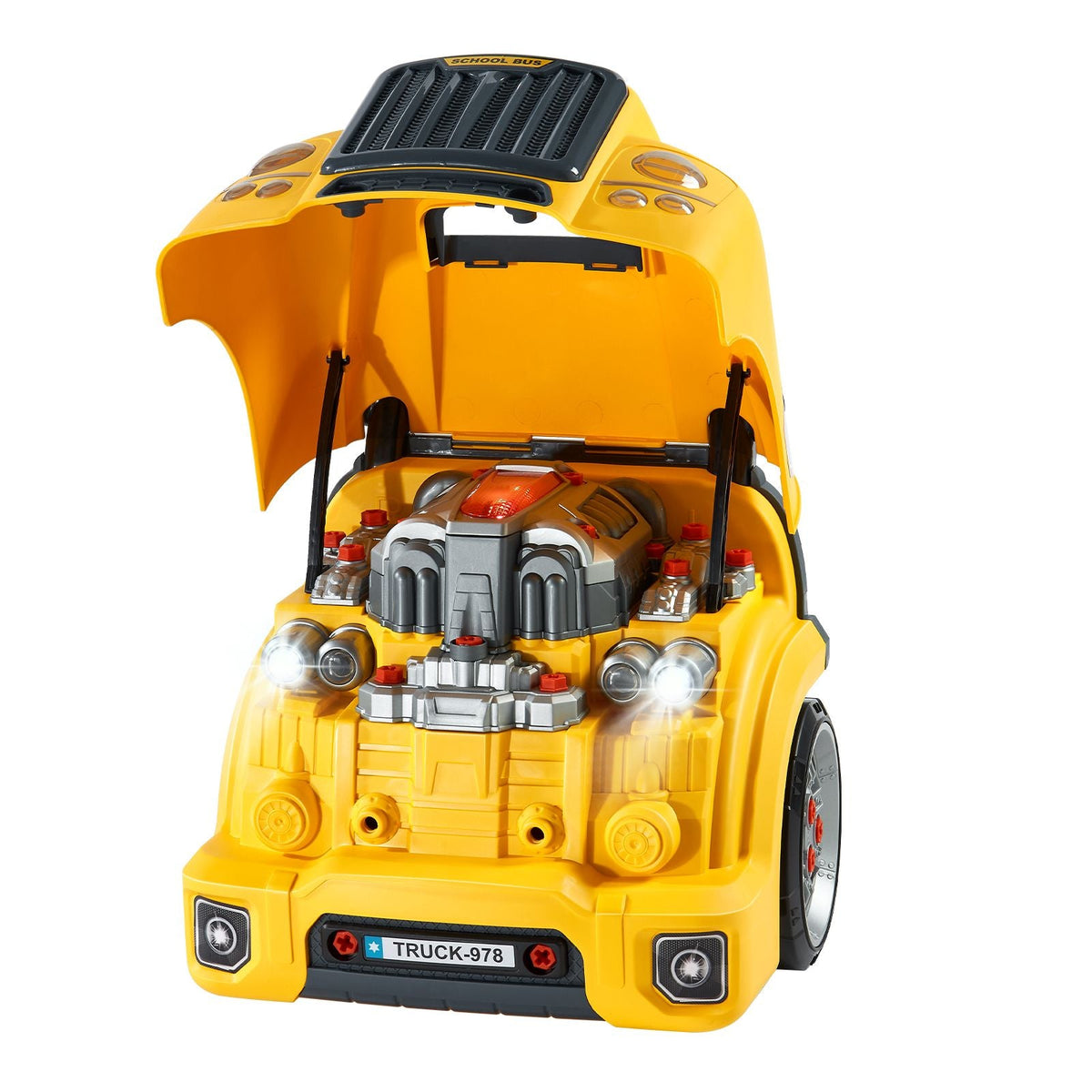 Engine Toy, 60 Pieces, Kids Mechanic Car Repair Set with Removable Parts, Lights and Sounds, Steering Wheel and Horn, Kids Mechanic Workshop Set for Toddler Ages 3 Years and Up, Yellow