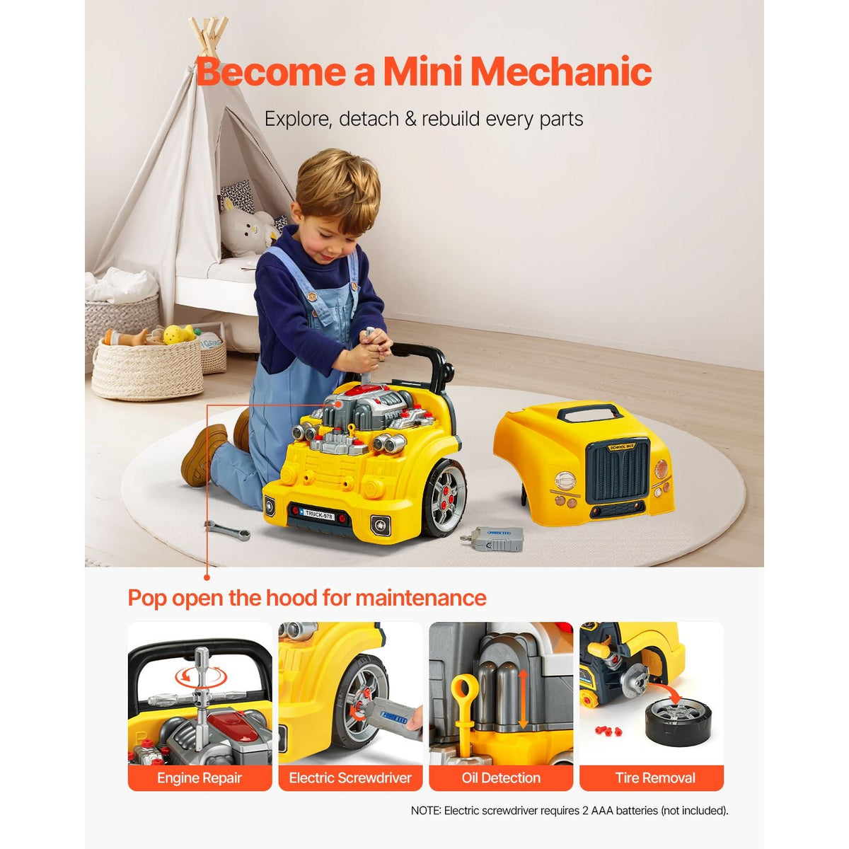 Engine Toy, 60 Pieces, Kids Mechanic Car Repair Set with Removable Parts, Lights and Sounds, Steering Wheel and Horn, Kids Mechanic Workshop Set for Toddler Ages 3 Years and Up, Yellow
