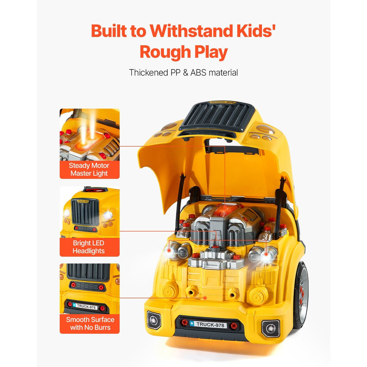 Engine Toy, 60 Pieces, Kids Mechanic Car Repair Set with Removable Parts, Lights and Sounds, Steering Wheel and Horn, Kids Mechanic Workshop Set for Toddler Ages 3 Years and Up, Yellow
