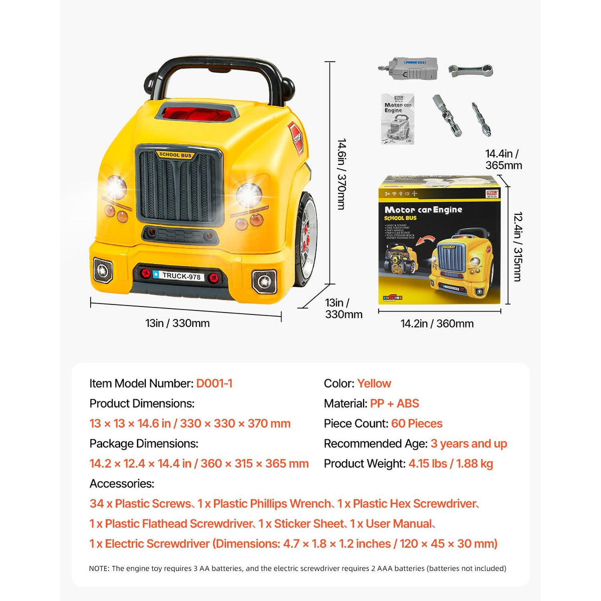 Engine Toy, 60 Pieces, Kids Mechanic Car Repair Set with Removable Parts, Lights and Sounds, Steering Wheel and Horn, Kids Mechanic Workshop Set for Toddler Ages 3 Years and Up, Yellow