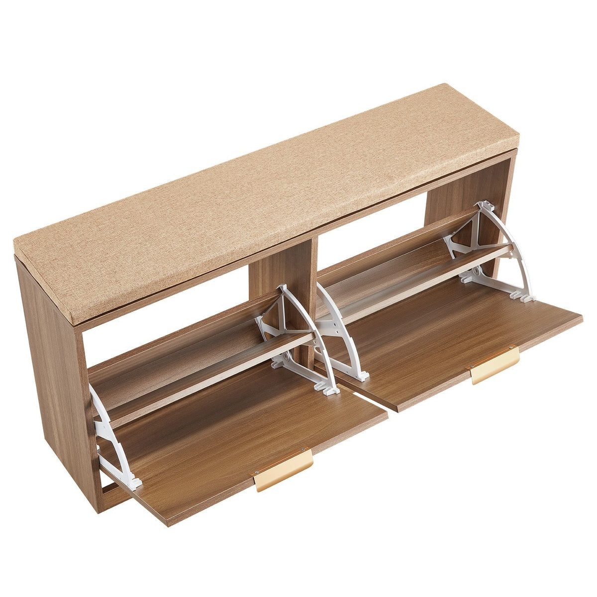 Entryway Shoe Bench, 38.9 x 9.4 x 19.7 Inch Rattan-Like Shoes Bench with Flip Drawers, 440lbs Shoe Storage Rack with Cushion, 4 Compartments and Rattan Doors, for Hallway, Living Room, Bedroom