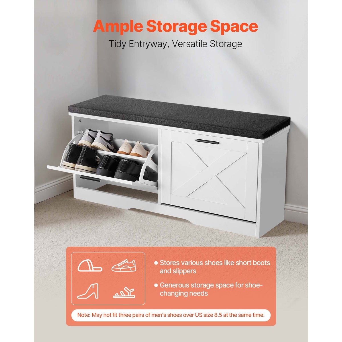 Entryway Shoe Storage Bench, 39.4 x 12.0 x 18.7 Inch Shoe Organizer with Flip Drawers, 440lbs Narrow Shoes Rack Bench with Cushion & Flip Doors, for Hallway, Living Room, Bedroom, Black + White