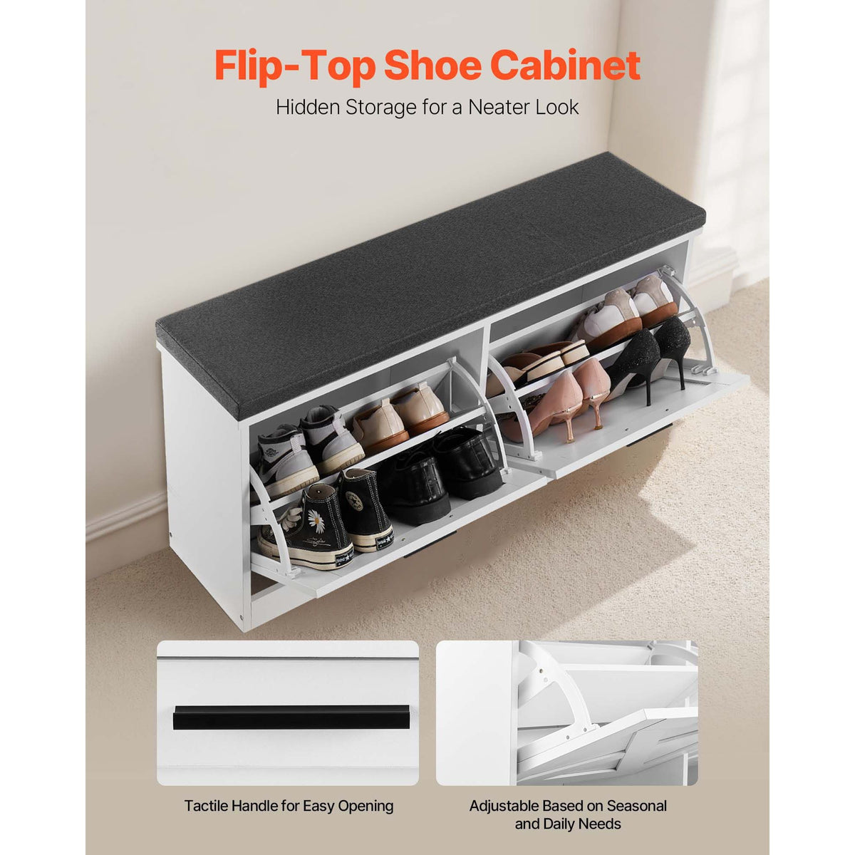 Entryway Shoe Storage Bench, 39.4 x 12.0 x 18.7 Inch Shoe Organizer with Flip Drawers, 440lbs Narrow Shoes Rack Bench with Cushion & Flip Doors, for Hallway, Living Room, Bedroom, Black + White