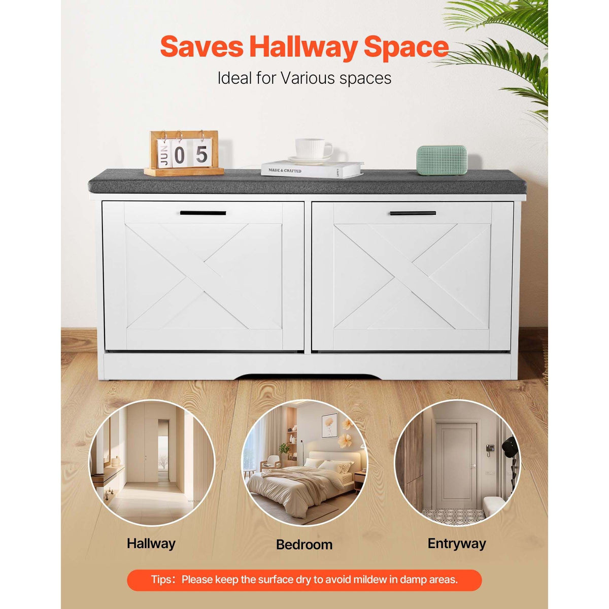Entryway Shoe Storage Bench, 39.4 x 12.0 x 18.7 Inch Shoe Organizer with Flip Drawers, 440lbs Narrow Shoes Rack Bench with Cushion & Flip Doors, for Hallway, Living Room, Bedroom, Black + White