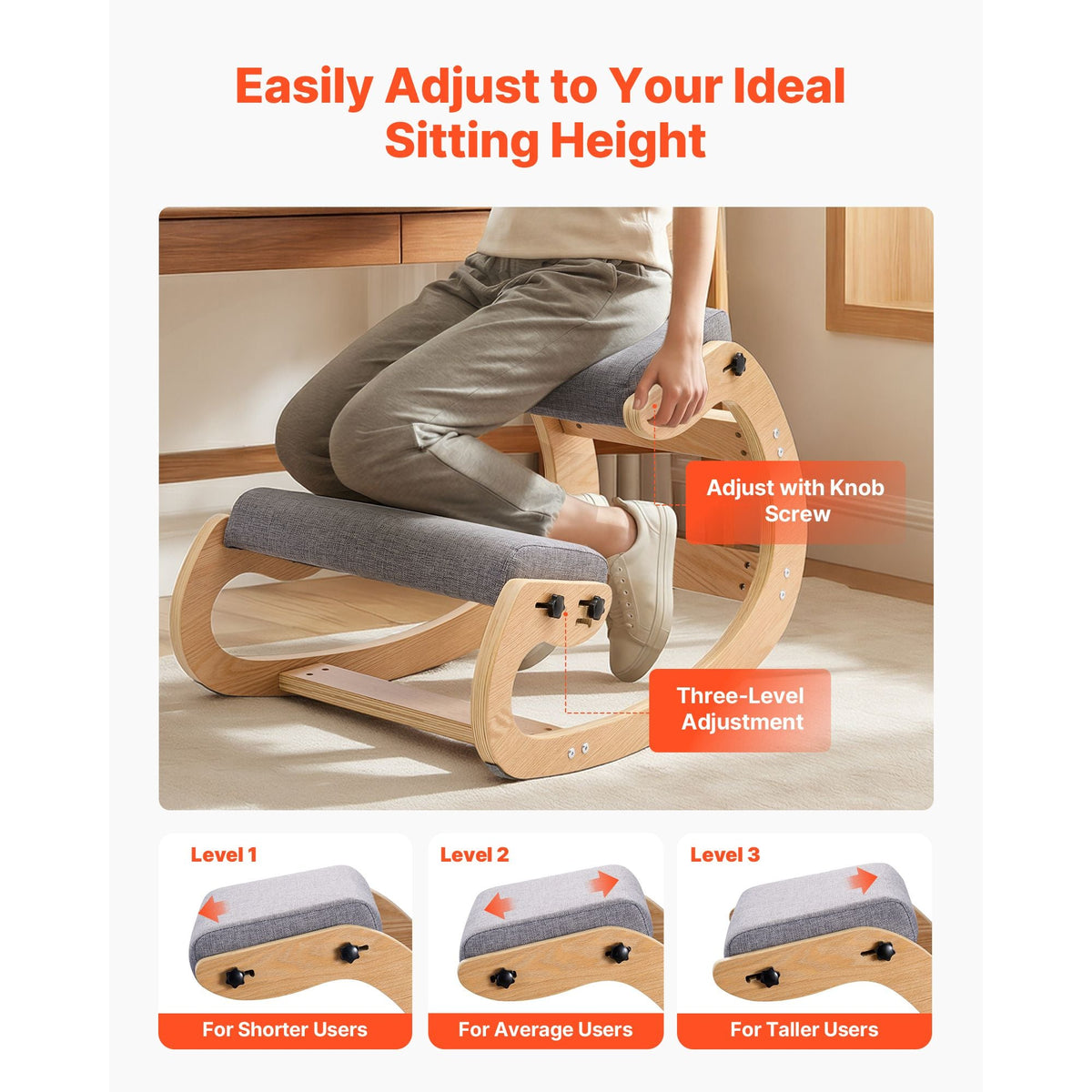 Ergonomic Kneeling Chair, Wooden Posture Knee Chair with Adjustable Thick Foam Cushions & Solid Wood Frame, Adjustable Height, Relief for Neck or Back Pain for Home, Office or Meditation, Gray