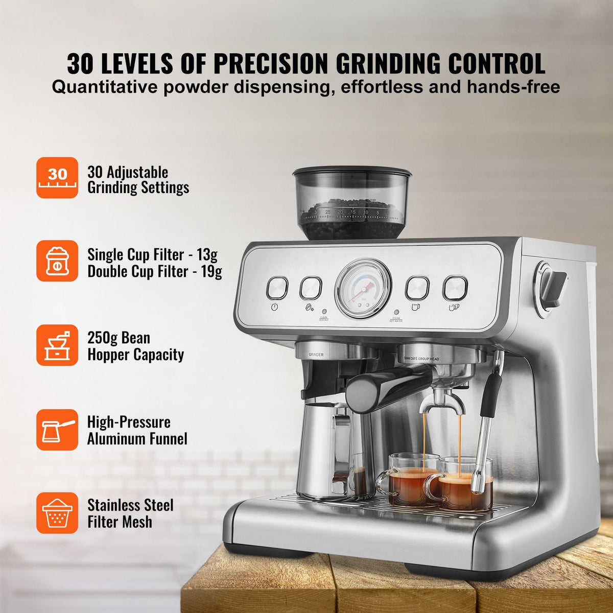 Espresso Machine with Grinder, 15 Bar Semi-Automatic Espresso Coffee Maker with Milk Frother Steam Wand, Removable Water Tank & Pressure Gauge for Cappuccino, Latte, Machiato, PID Control System
