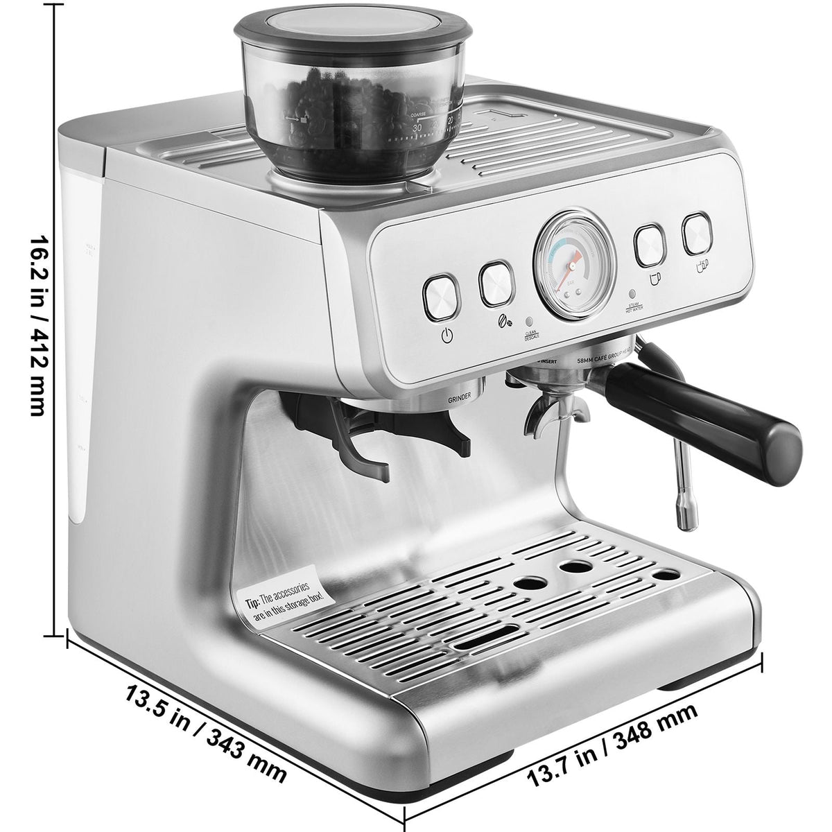 Espresso Machine with Grinder, 15 Bar Semi-Automatic Espresso Coffee Maker with Milk Frother Steam Wand, Removable Water Tank & Pressure Gauge for Cappuccino, Latte, Machiato, PID Control System
