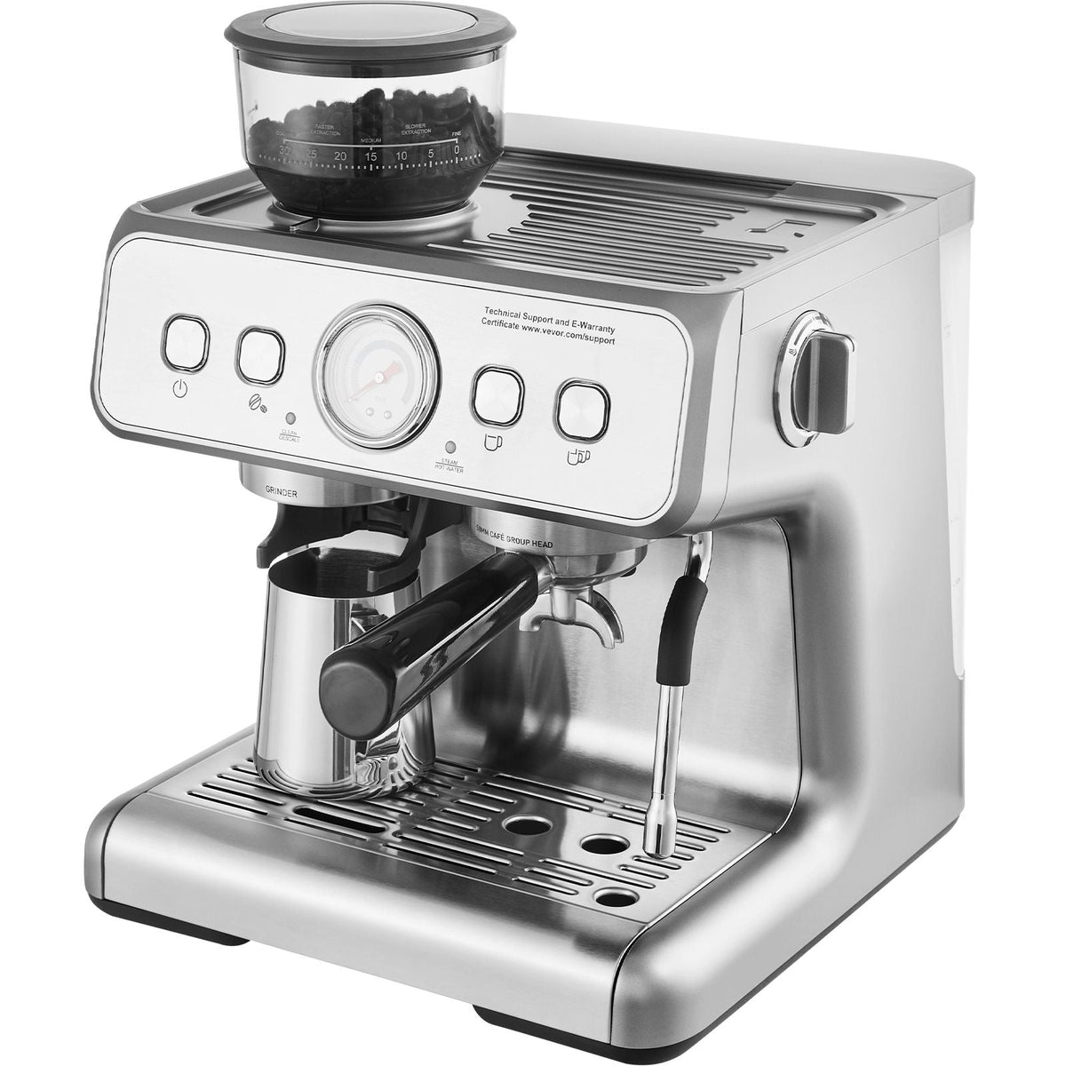 Espresso Machine with Grinder, 15 Bar Semi-Automatic Espresso Coffee Maker with Milk Frother Steam Wand, Removable Water Tank & Pressure Gauge for Cappuccino, Latte, Machiato, PID Control System