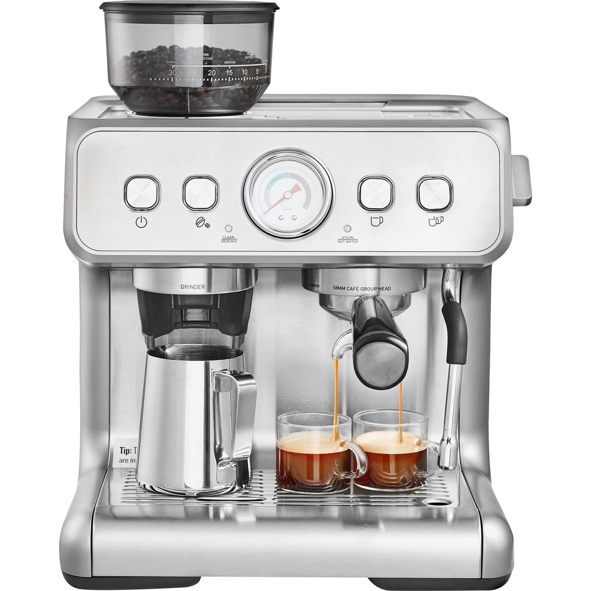 Espresso Machine with Grinder, 15 Bar Semi-Automatic Espresso Coffee Maker with Milk Frother Steam Wand, Removable Water Tank & Pressure Gauge for Cappuccino, Latte, Machiato, PID Control System